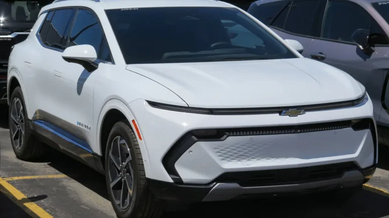 White Chevrolet Equinox EV 2LT, front three-quarter view; the 2027 Chevy Equinox EV keeps this design