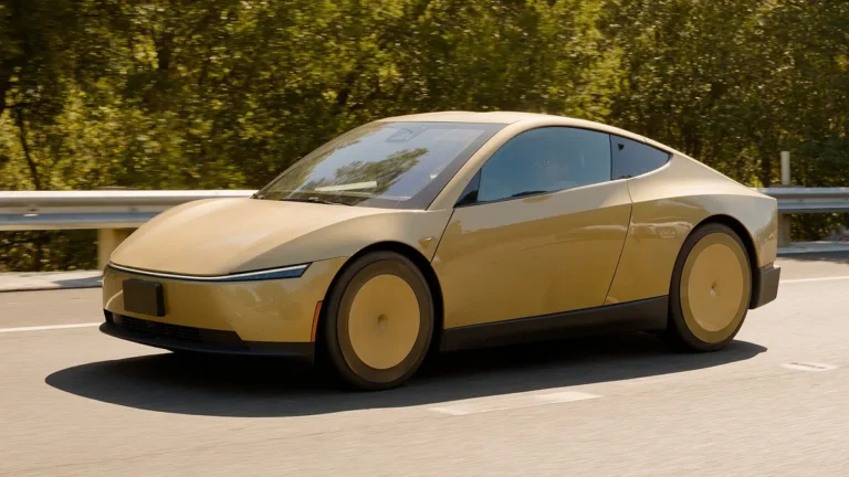 Gold Tesla Cybercab driving on an interstate highway, the robotaxi expected for Tesla Robotaxi San Antonio