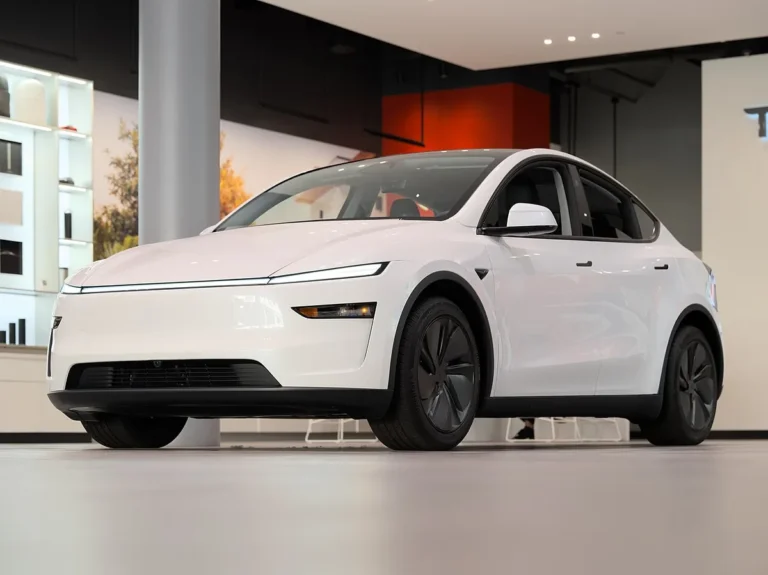 White 2025 Tesla Model Y on display inside a Tesla showroom at Santana Row, illustrating the Tesla Model Y APR increase to 2.49%