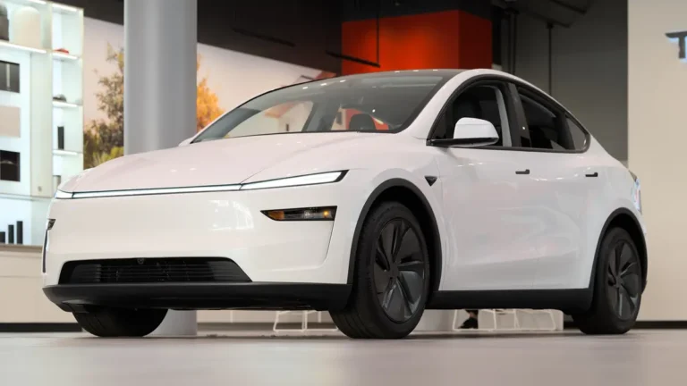 White Tesla Model Y, the core of the 2027 Tesla lineup, parked at Santana Row