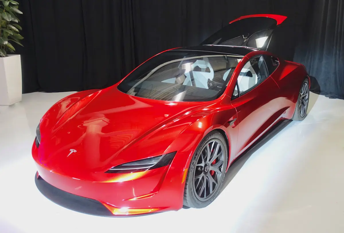 Red second-generation Tesla Roadster prototype on display; the Tesla Roadster price has not been announced