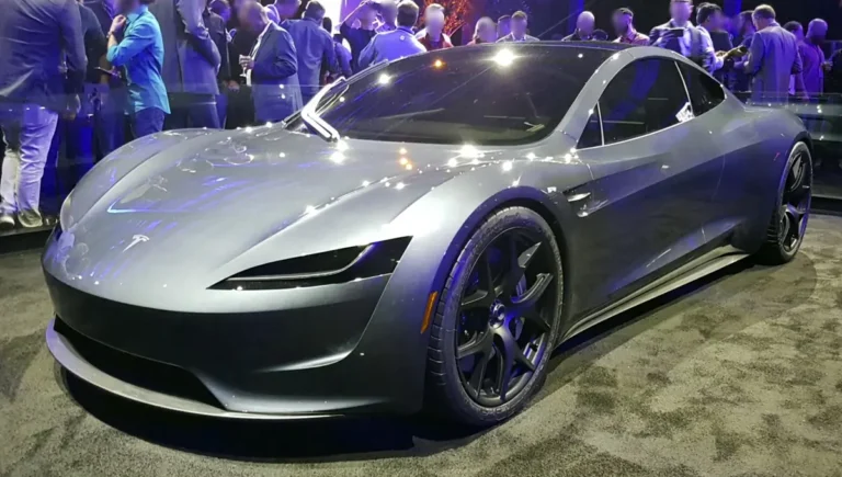 Silver second-generation Tesla Roadster prototype on stage; Tesla Roadster price still not announced